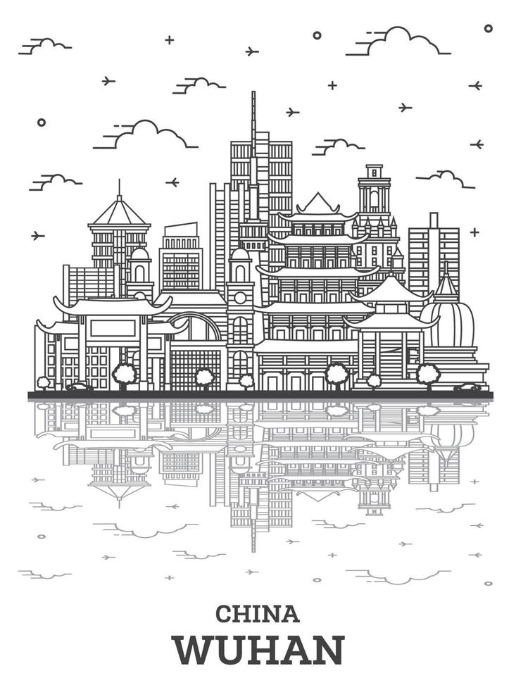 Outline Wuhan China City Skyline with Modern Buildings and Reflections Isolated on White. vector