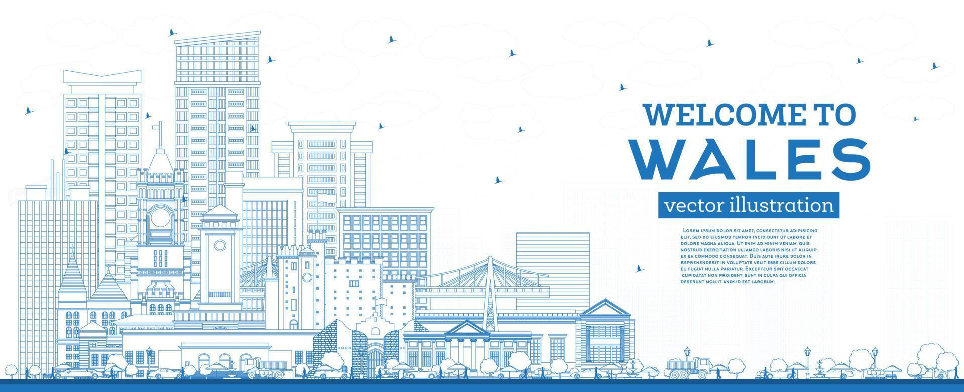 Outline Welcome to Wales City Skyline with Blue Buildings. vector