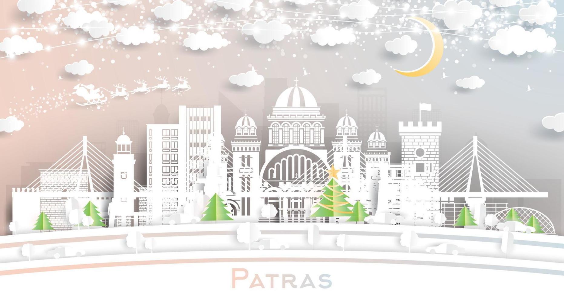 patrás grecia. horizonte de la ciudad de invierno en estilo de corte de papel con copos de nieve, luna y guirnalda de neón. vector