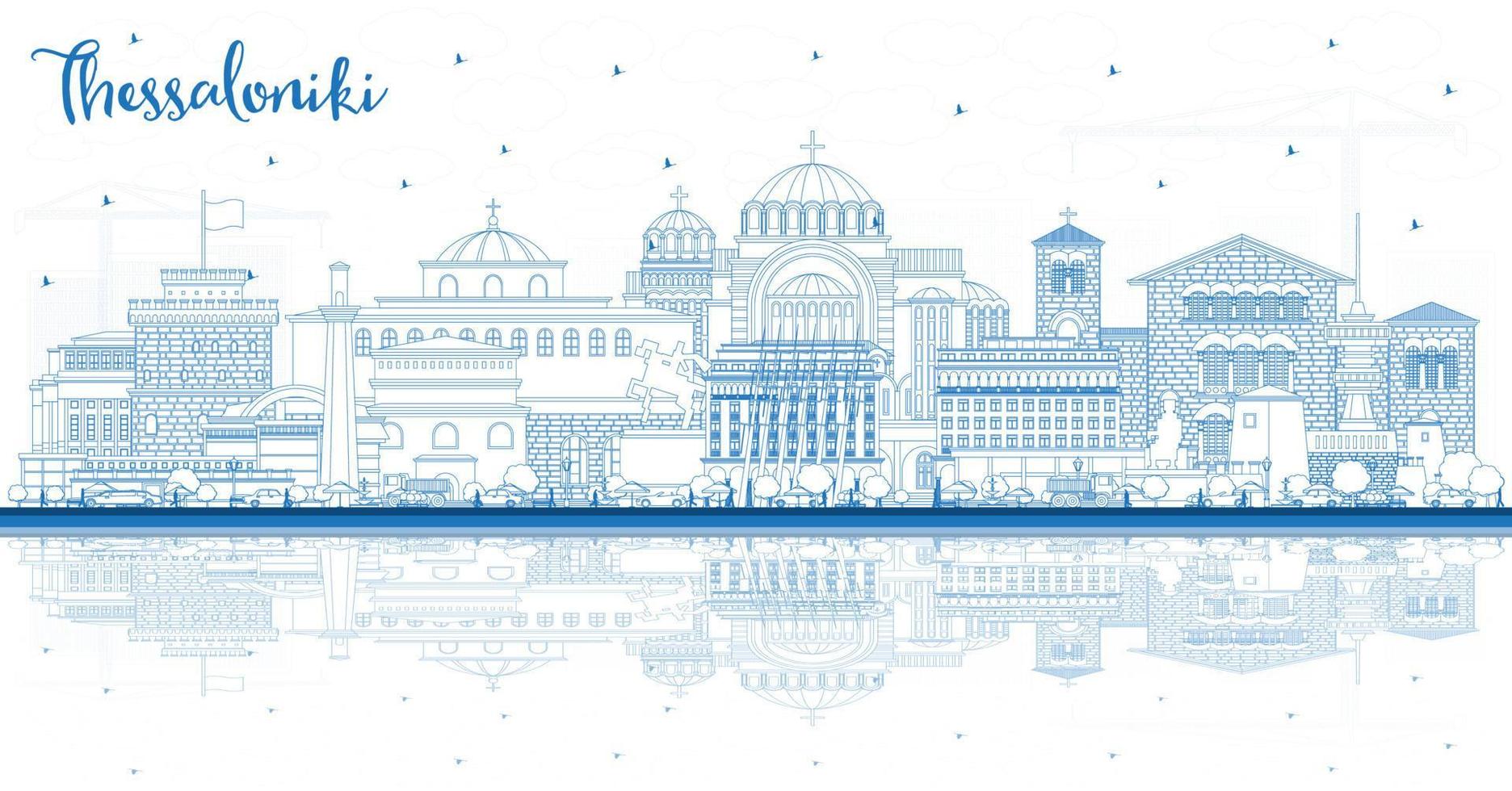 Outline Thessaloniki Greece City Skyline with Blue Buildings and Reflections. vector
