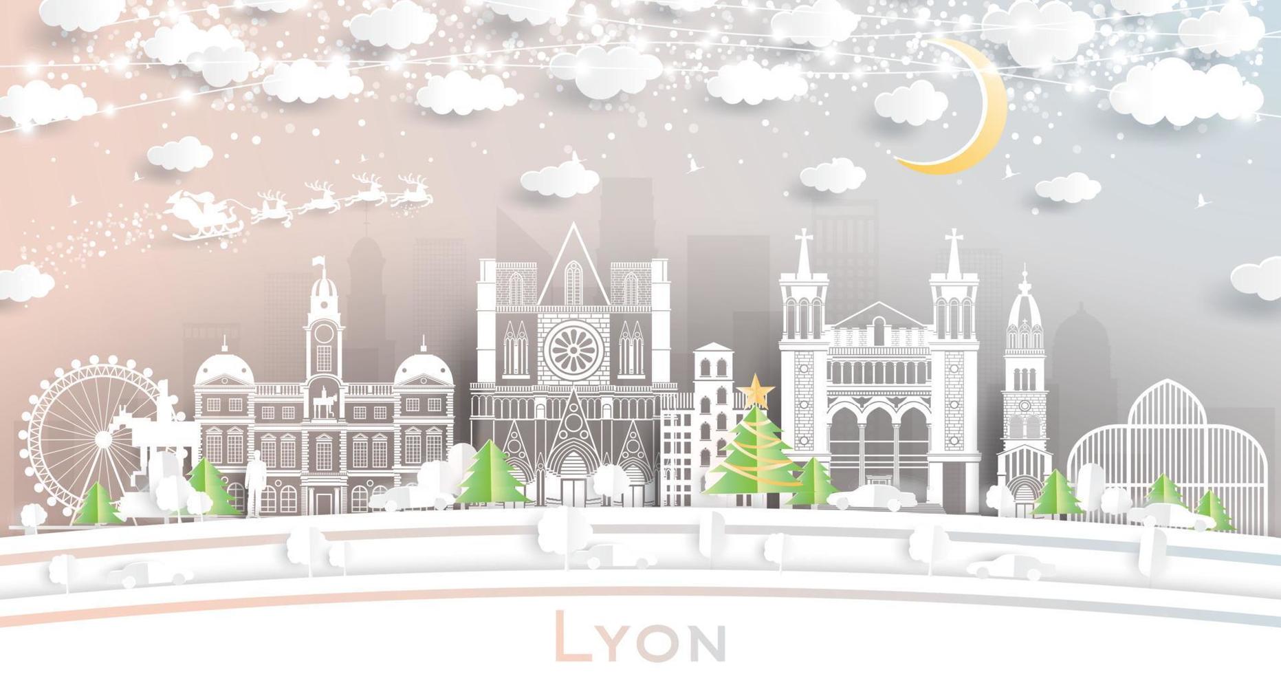 horizonte de la ciudad de lyon francia en estilo de corte de papel con copos de nieve, luna y guirnalda de neón. vector