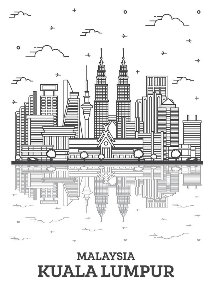 Outline Kuala Lumpur Malaysia City Skyline with Modern Buildings and Reflections Isolated on White. vector