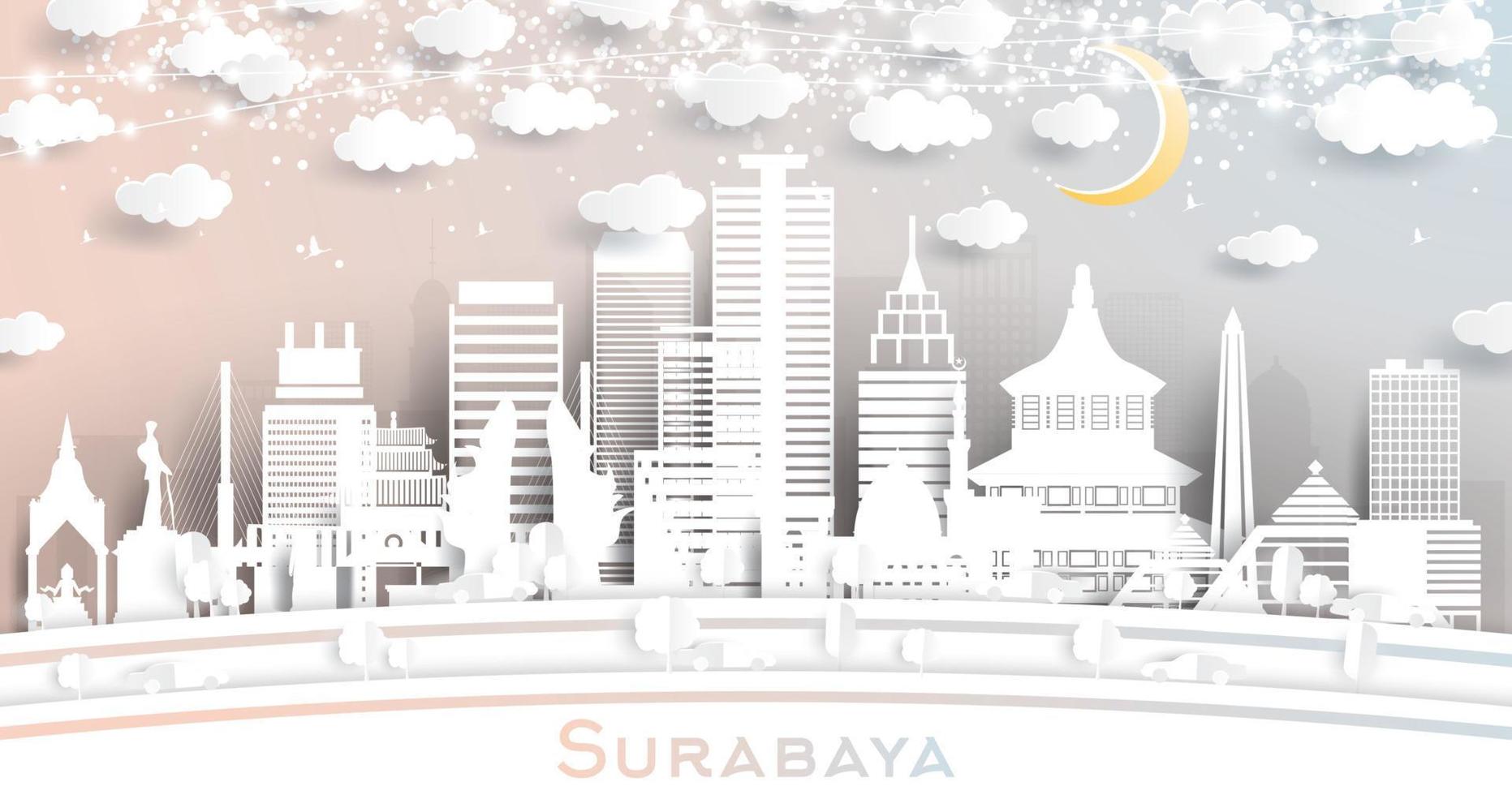 horizonte de la ciudad de surabaya indonesia en estilo de corte de papel con edificios blancos, luna y guirnalda de neón. vector