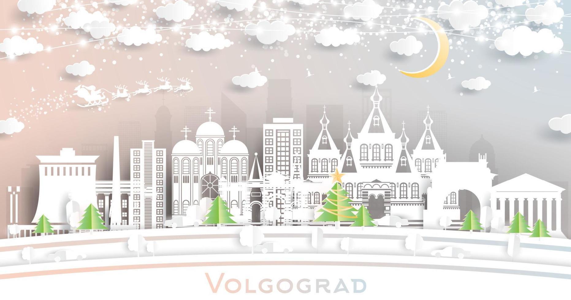 Volgograd Russia City Skyline in Paper Cut Style with Snowflakes, Moon and Neon Garland. vector