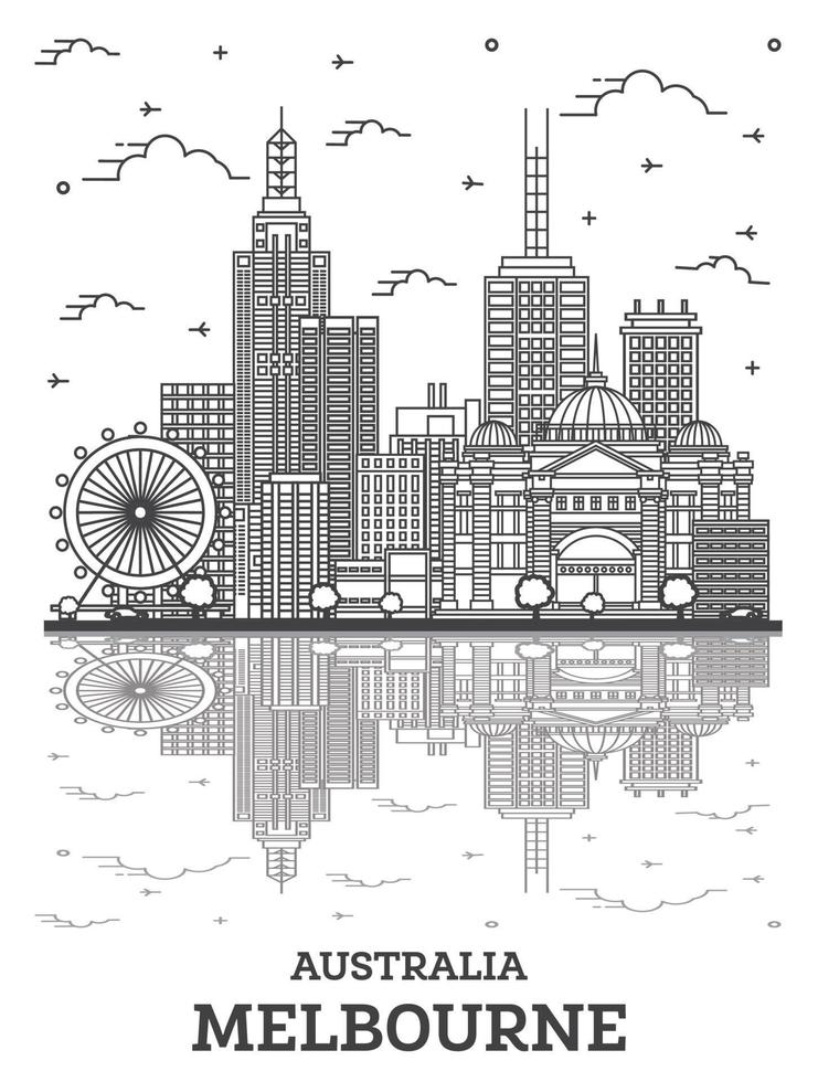 Outline Melbourne Australia City Skyline with Modern and Historic Buildings with Reflections Isolated on White. vector