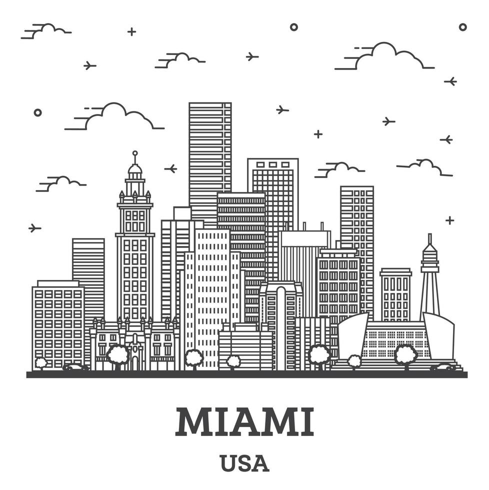 delinear el horizonte de la ciudad de miami florida con edificios modernos aislados en blanco. vector