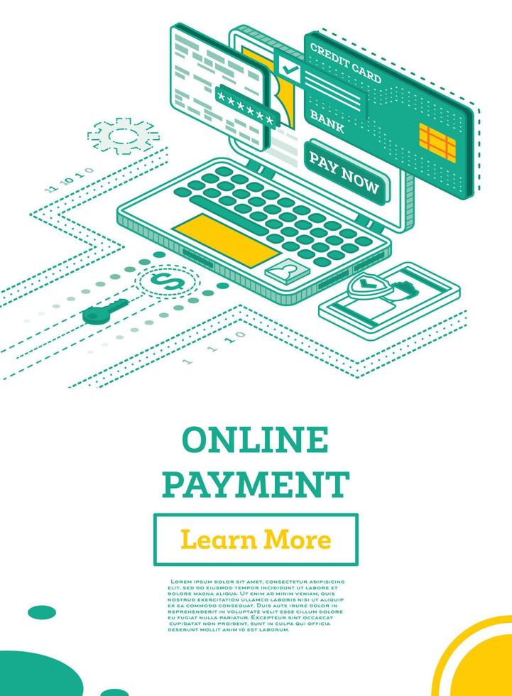Online Outline Payment with Laptop Computer Isometric Illustration Concept. Online shopping. vector