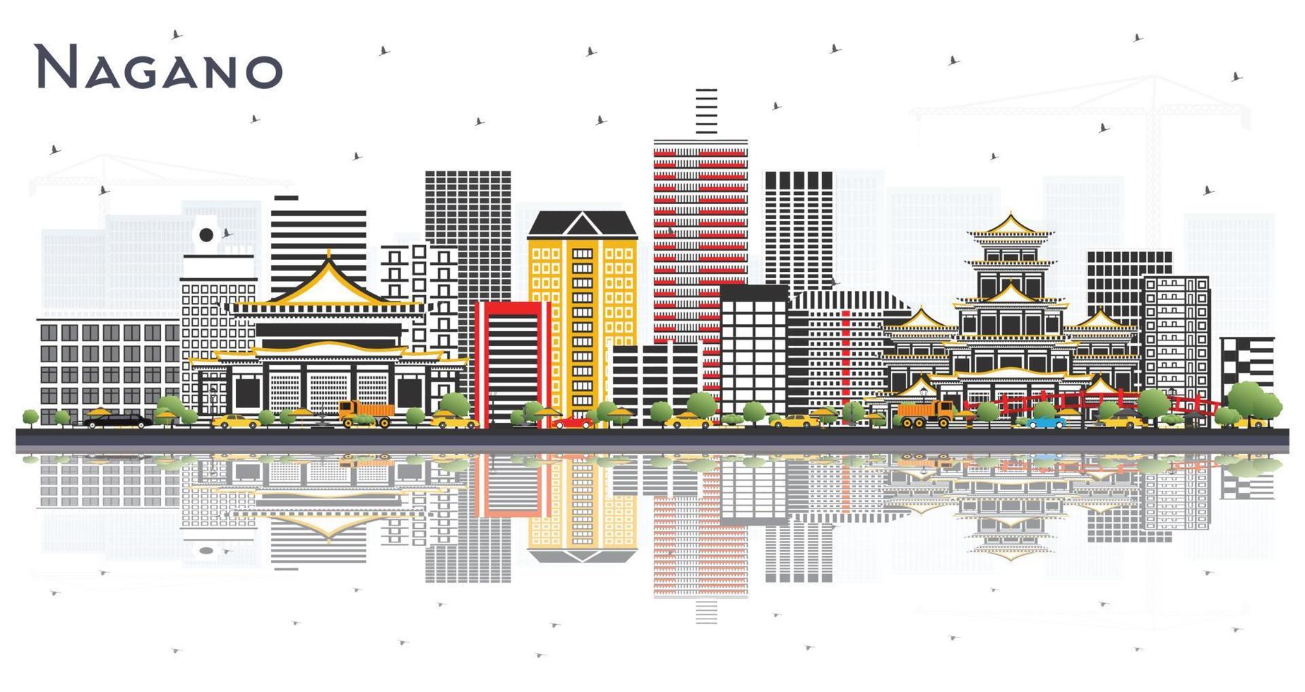 Nagano Japan City Skyline with Color Buildings and Reflections Isolated on White Background. vector