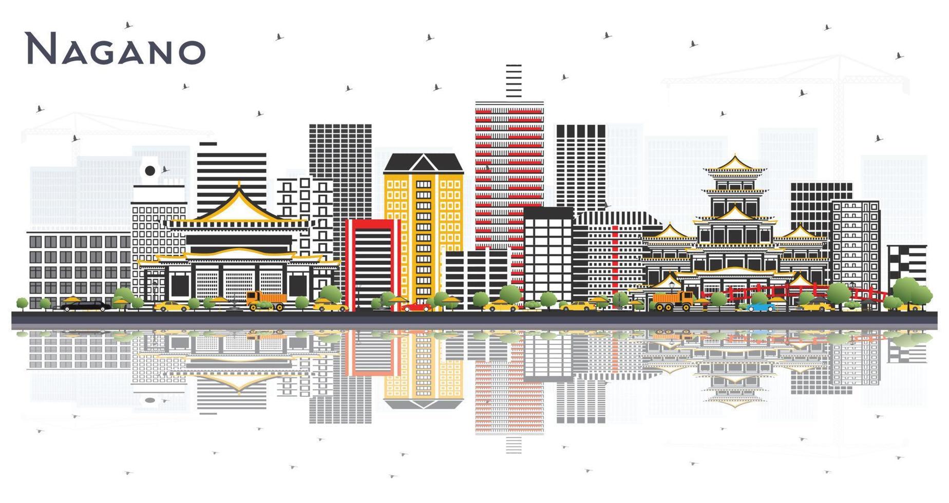 horizonte de la ciudad de nagano japón con edificios de color y reflejos aislados sobre fondo blanco. vector