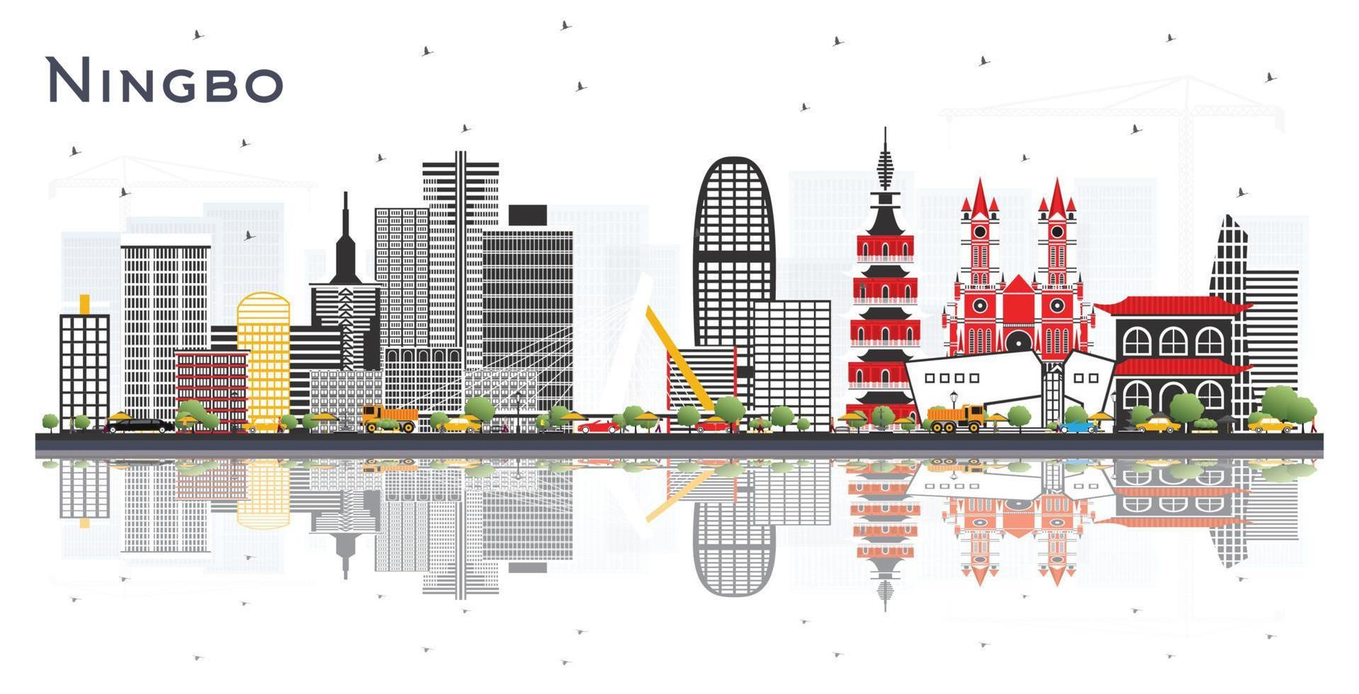 horizonte de la ciudad de ningbo china con edificios de color y reflejos aislados en blanco. vector