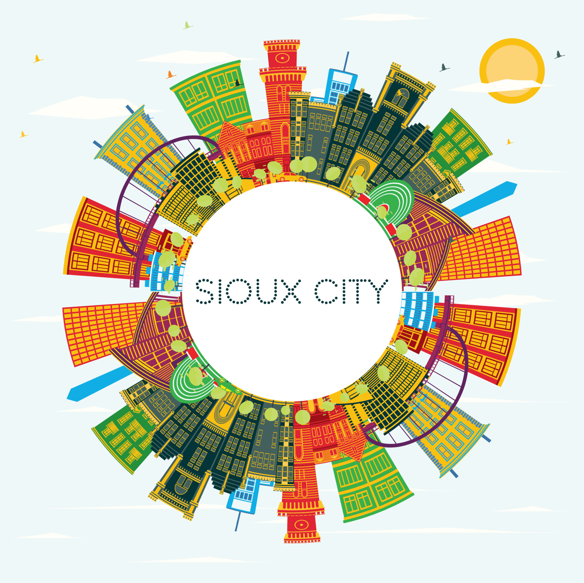 Sioux City Iowa Skyline with Color Buildings, Blue Sky and Copy Space