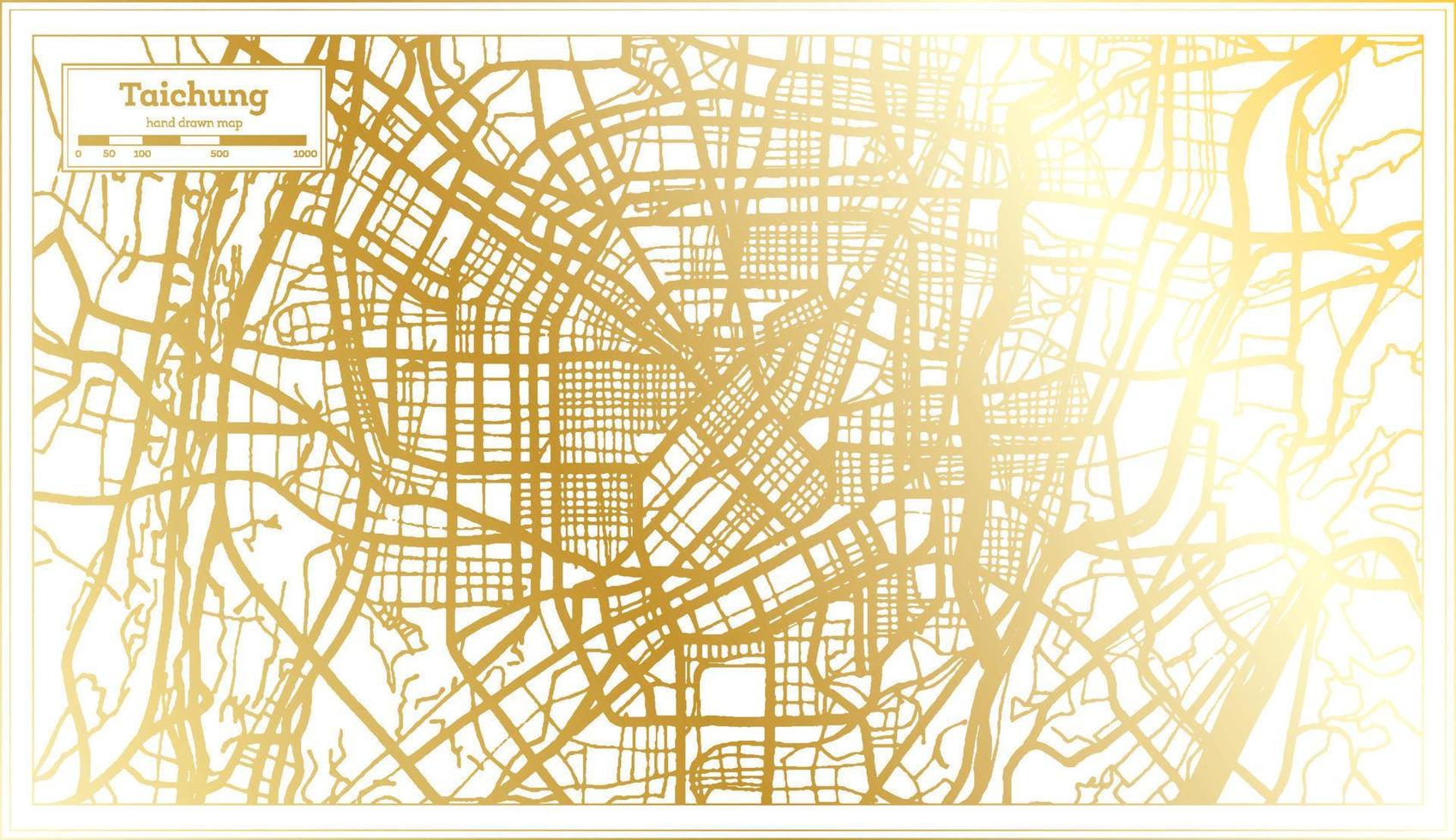 mapa de la ciudad de taichung taiwán en estilo retro en color dorado. esquema del mapa. vector