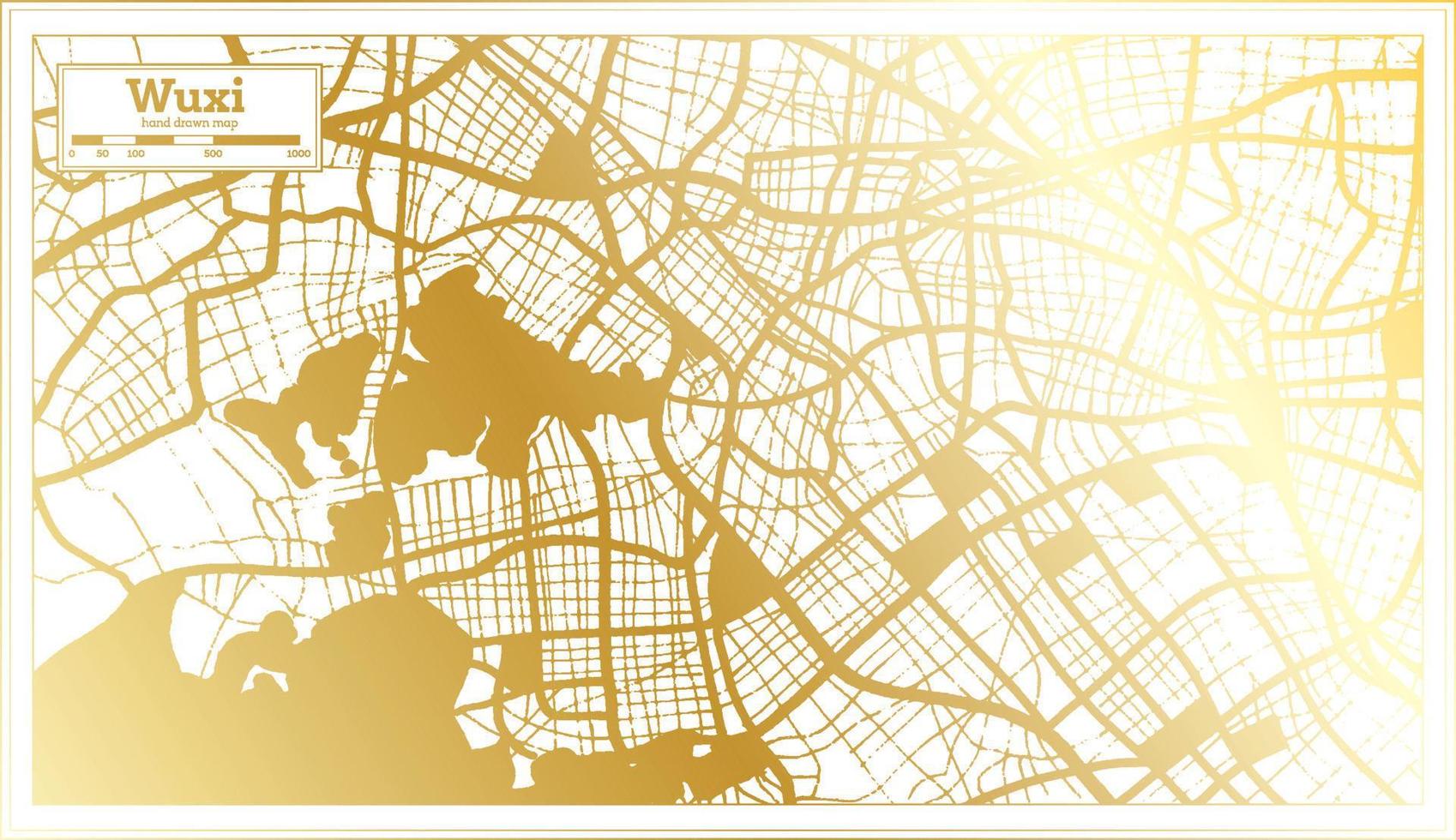 mapa de la ciudad china de wuxi en estilo retro en color dorado. esquema del mapa. vector