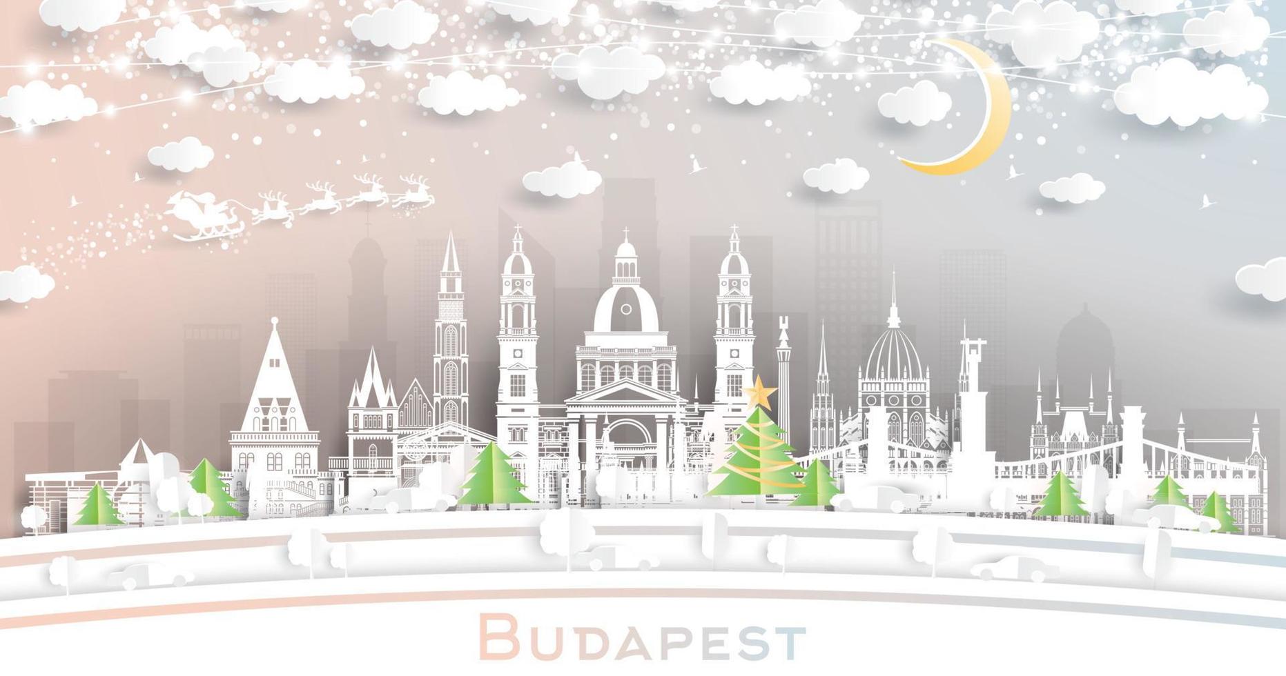 Budapest Hungary. Winter City Skyline in Paper Cut Style with Snowflakes, Moon and Neon Garland. vector