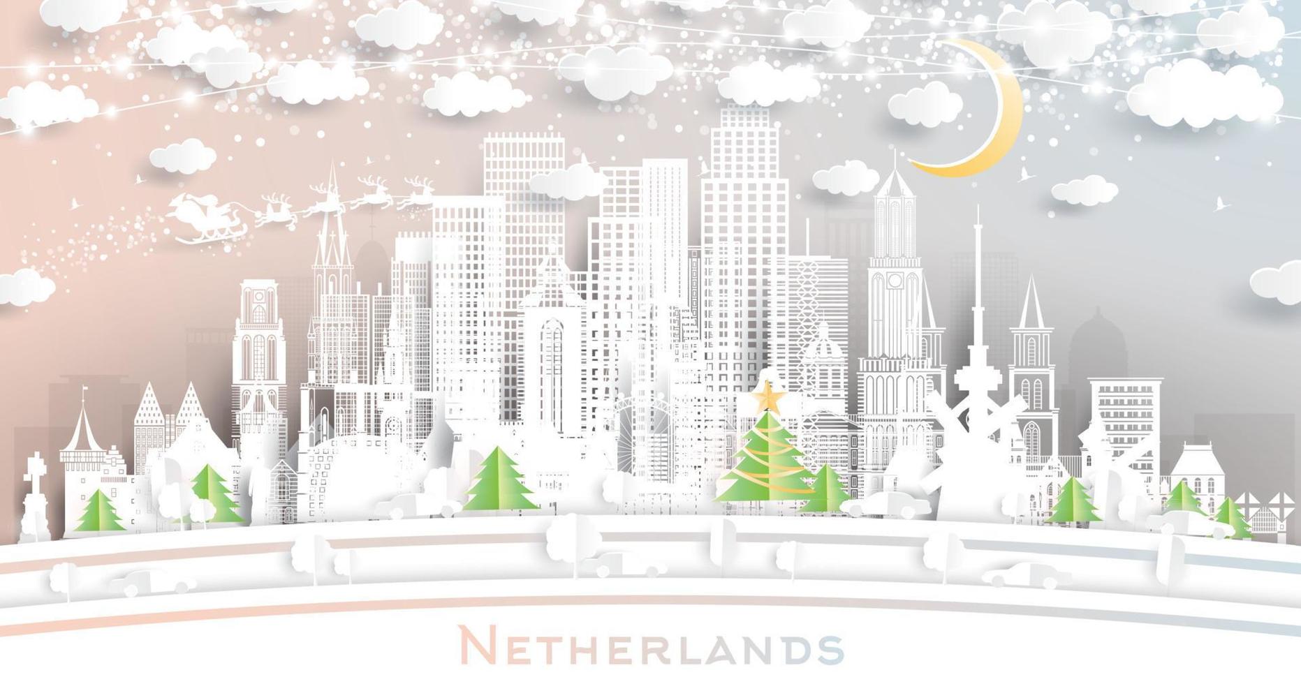 Netherlands Skyline in Paper Cut Style with Snowflakes, Moon and Neon Garland. vector