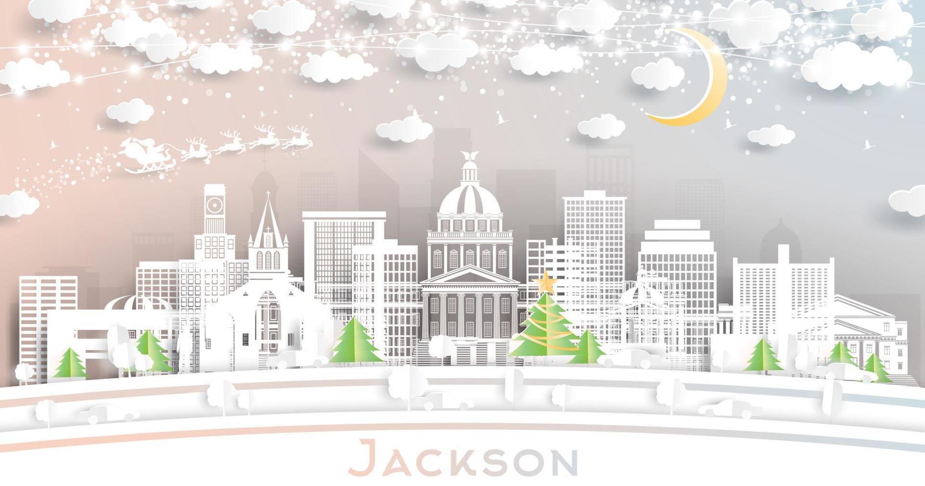 Jackson Mississippi City Skyline in Paper Cut Style with Snowflakes, Moon and Neon Garland. vector