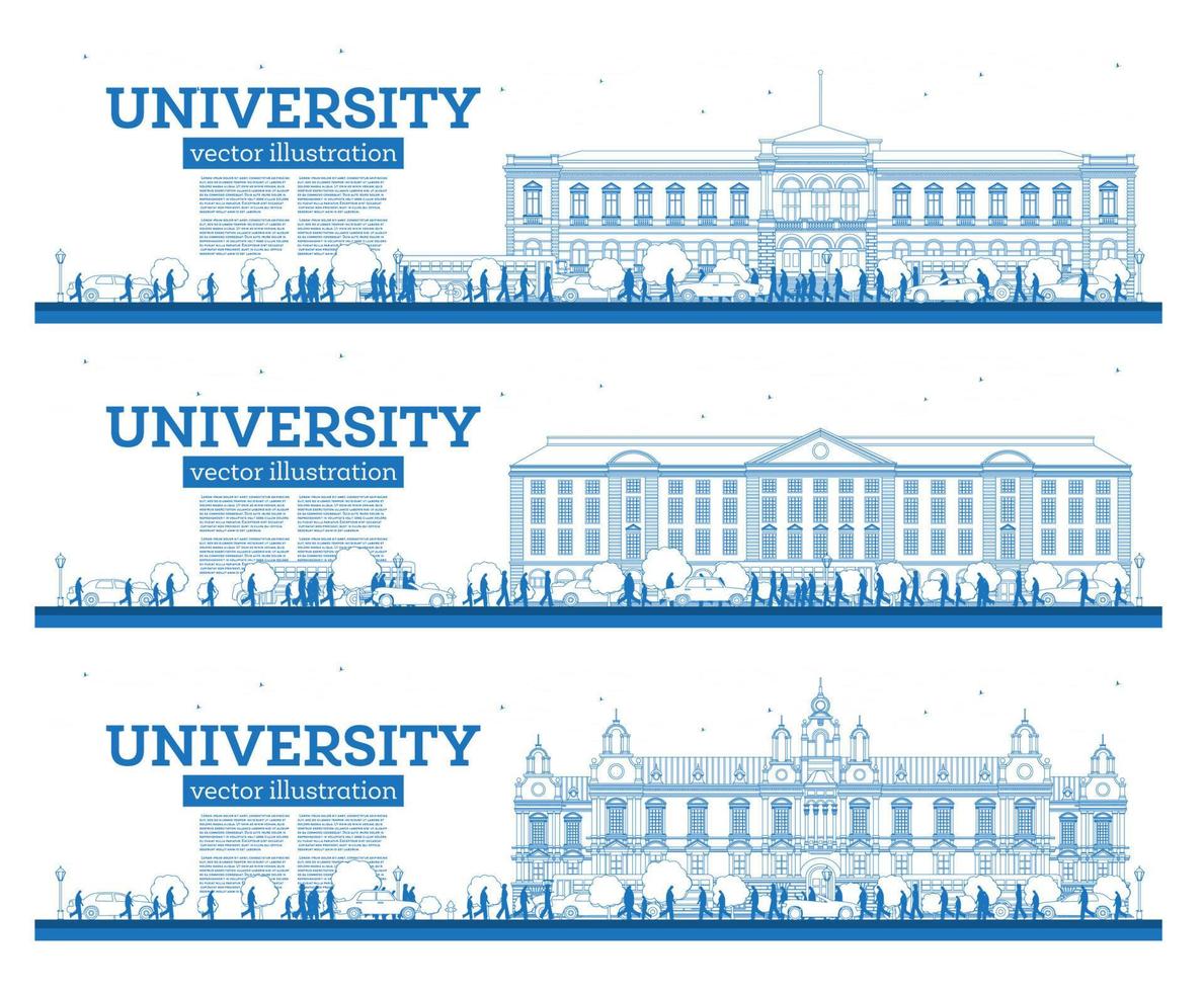 esbozar el conjunto del campus universitario. estudiar pancartas. ilustración vectorial los estudiantes van al edificio principal de la universidad. vector