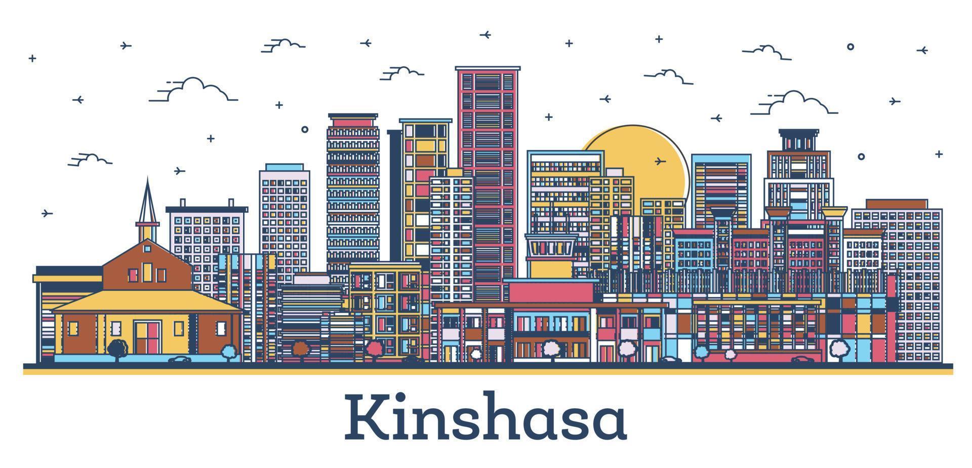 Outline Kinshasa Congo City Skyline with Modern Colored Buildings Isolated on White. vector