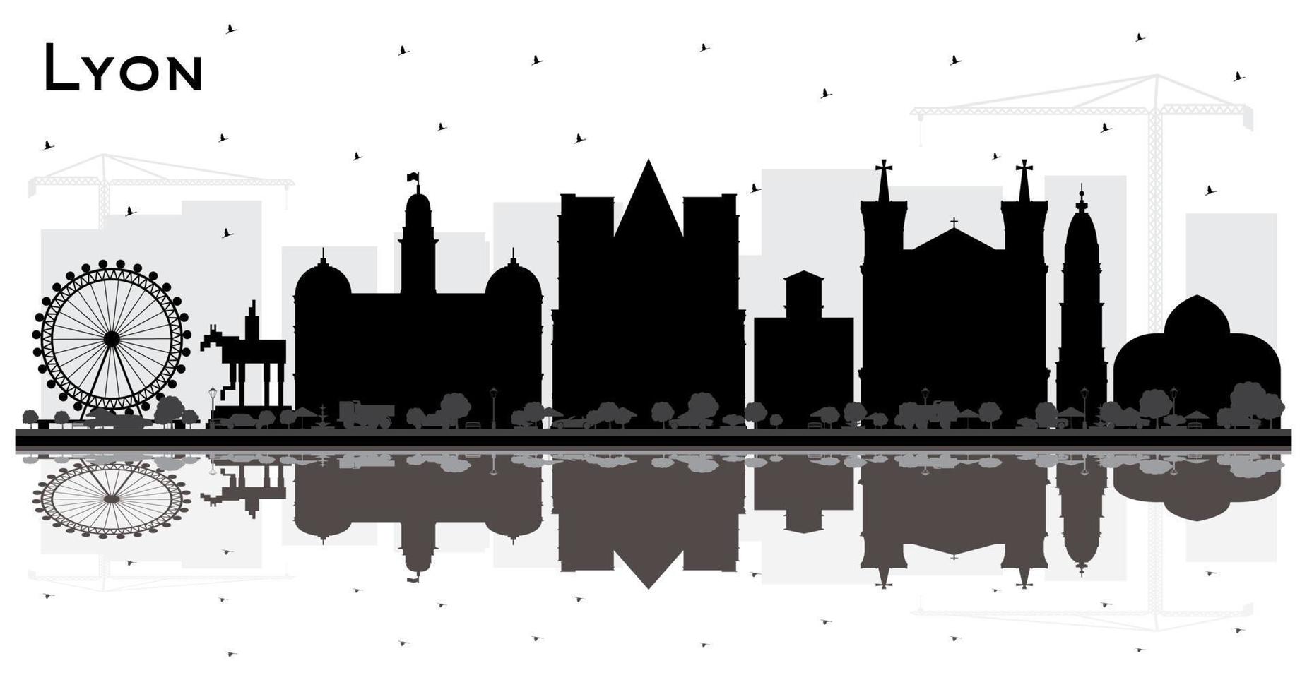 Lyon France City Skyline Silhouette with Black Buildings and Reflections Isolated on White. vector