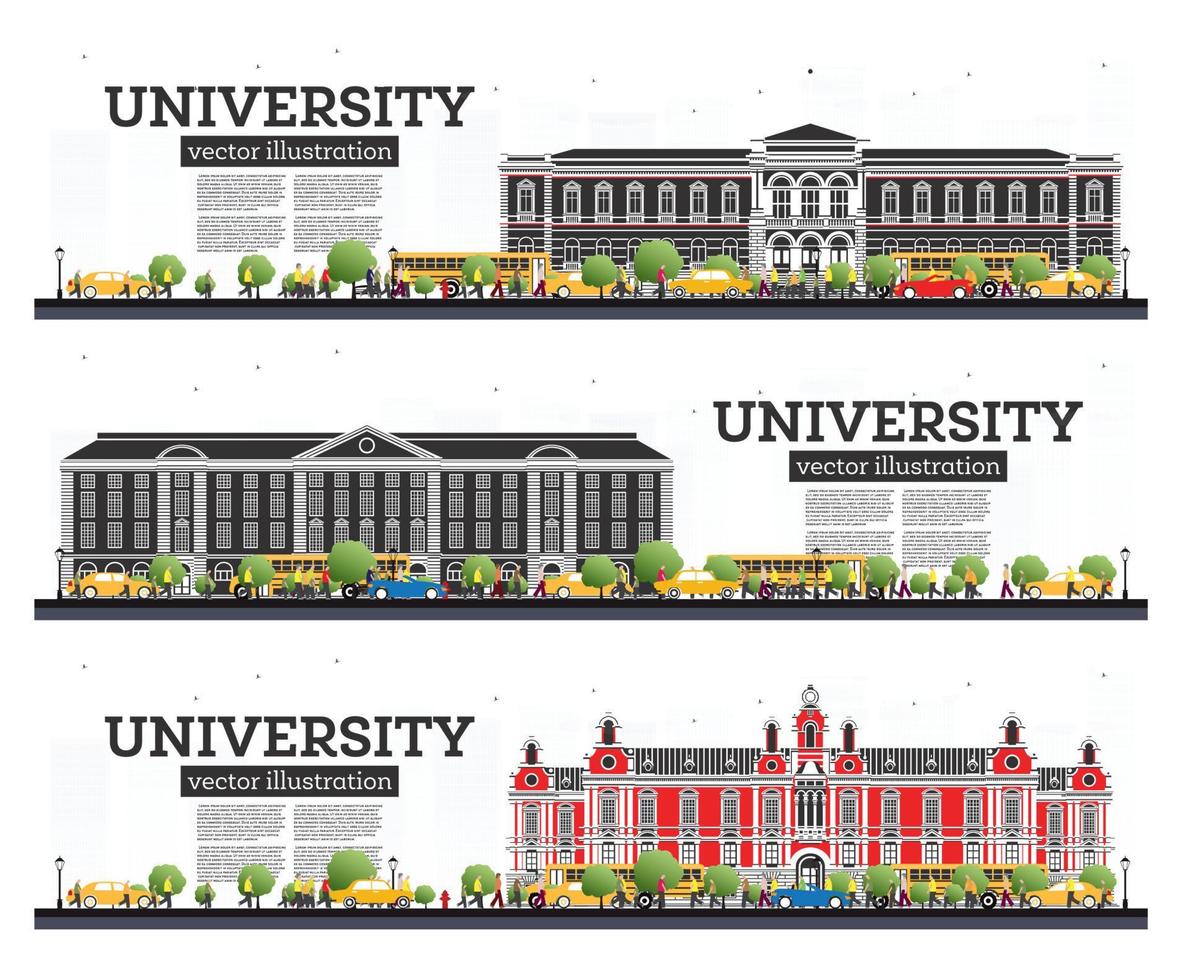 conjunto de campus universitario. estudiar pancartas aisladas en blanco. ilustración vectorial los estudiantes van al edificio principal de la universidad. vector