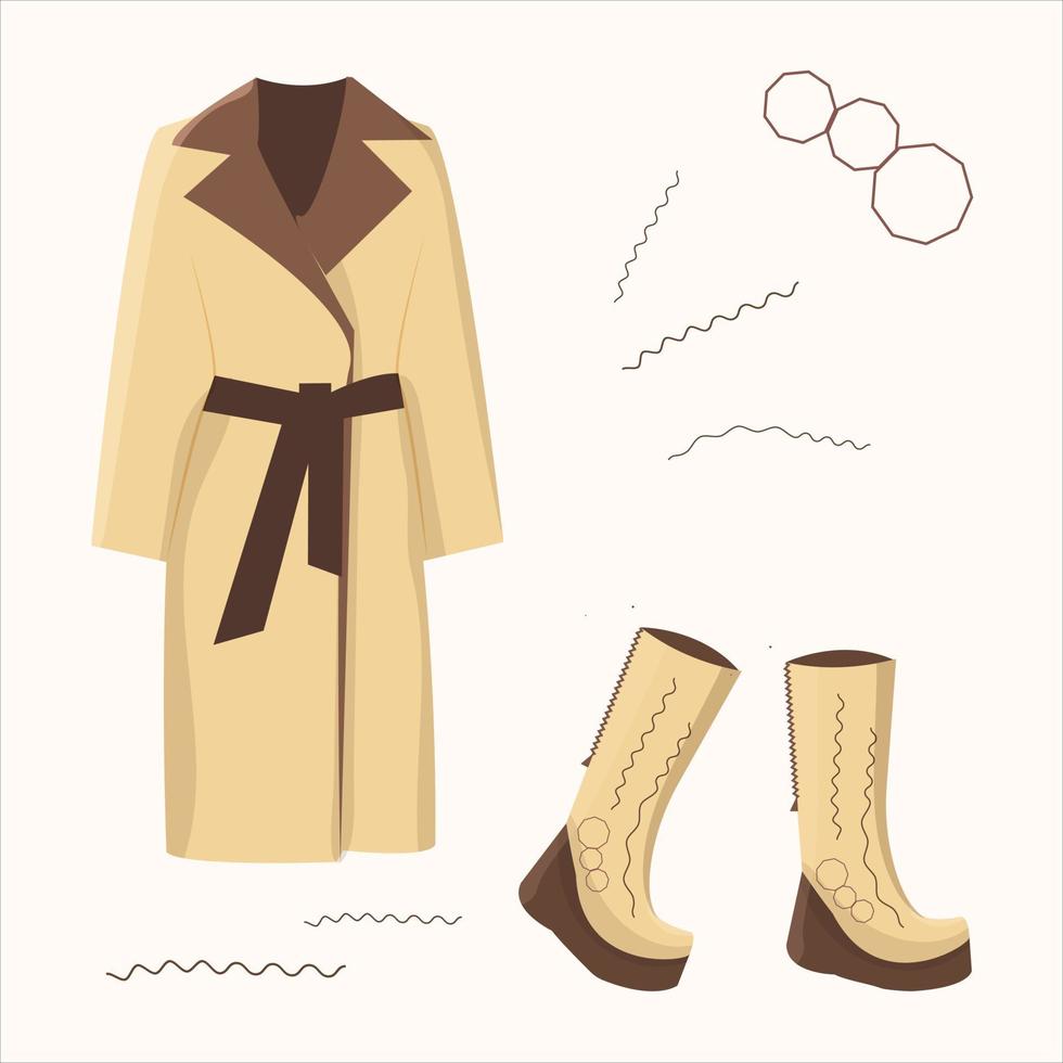 Women coat, high boots, shoes winter, autumn. Vector illustration. Beige and brown.