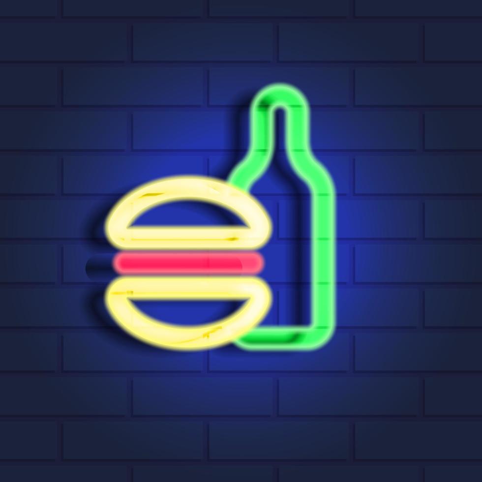 Neon sign food and drink, burger and beer. Vector illustration