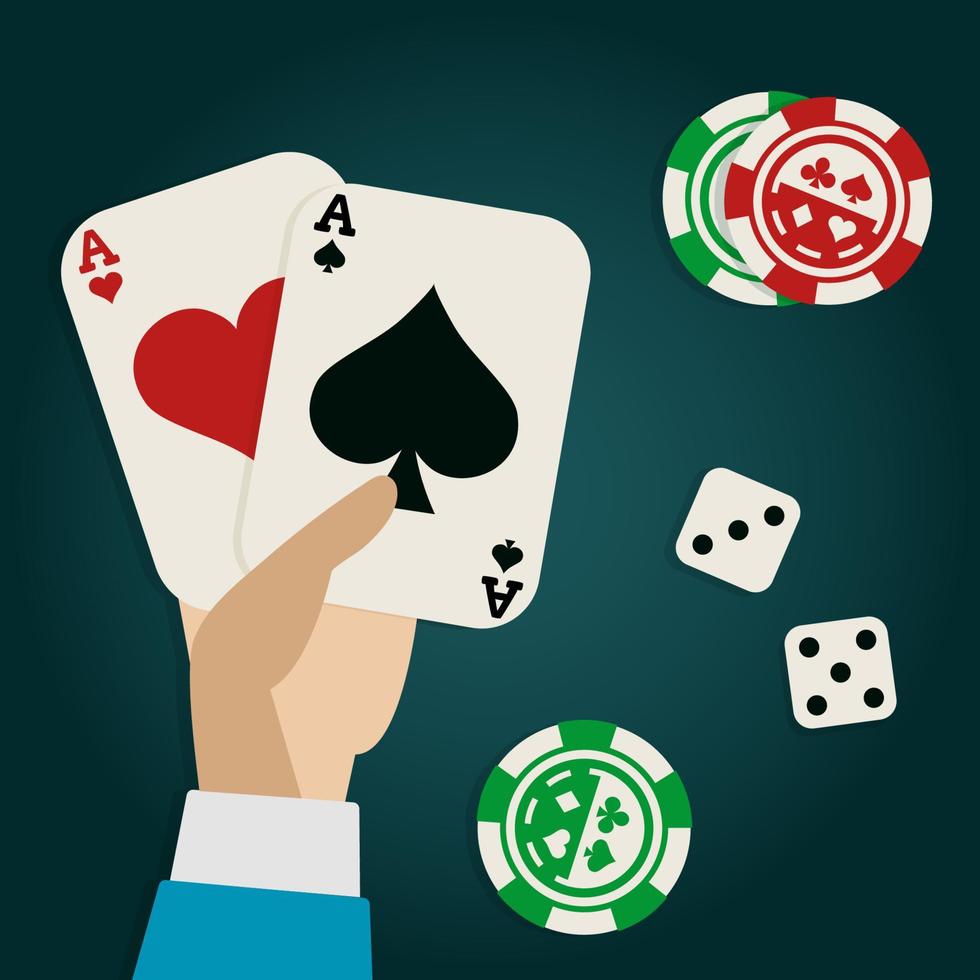 Poker game. Night casino. Two aces in hand and poker chips. Table covered with green cloth. Nice hand vector