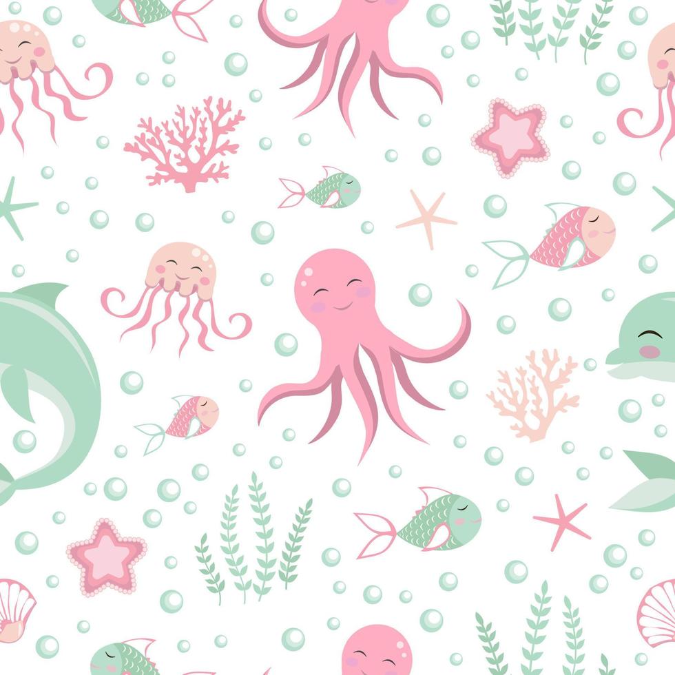 lindo patrón sin costuras con animales marinos. pulpo, delfín, medusa, concha, pez, estrella de mar. mundo submarino vector