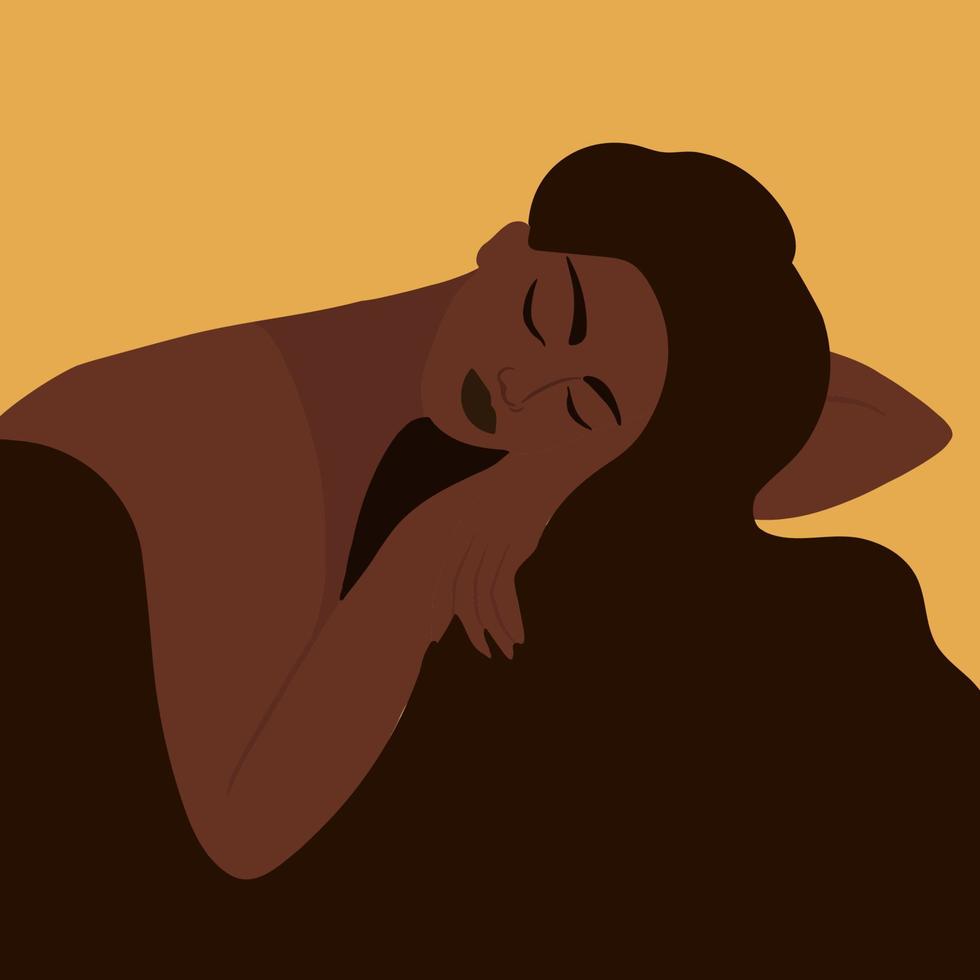 Dark-skinned long-haired girl sleeping, dreamer woman vector