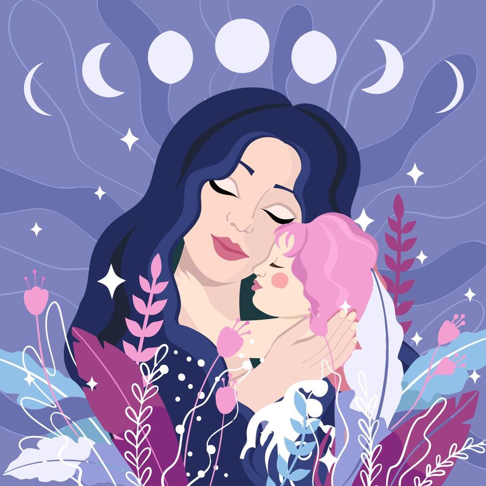mamá sostiene a su hija en sus brazos, abraza a su hijo. fases lunares, concepto de calendario femenino, días de concepción, nacimiento vector