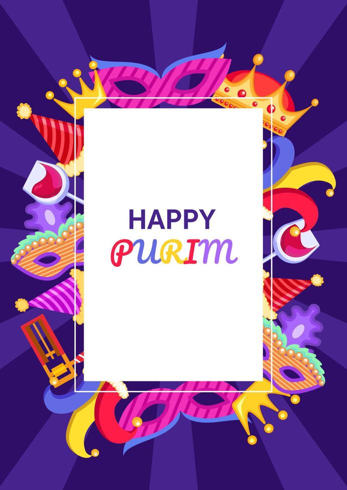 marco de invitación de vacaciones de purim con elementos tradicionales de purim a su alrededor, como coronas, máscaras de carnaval, sombreros de arlequín, vino, conos de fiesta y bolsas de frijoles. cartel de vector, saludo, invitación, marco. vector