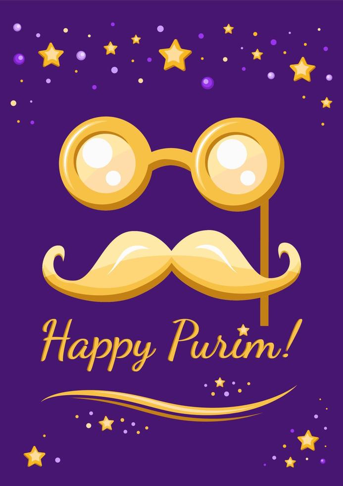 Purim holiday poster with golden funny mask with glasses and moustache, invitation and greeting card, vector illustration for Jewish holiday on March.