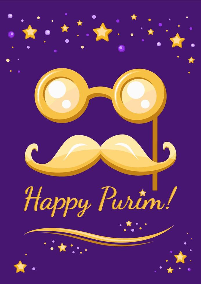 Afiche festivo de purim con máscara dorada graciosa con gafas y bigote, invitación y tarjeta de felicitación, ilustración vectorial para la festividad judía en marzo. vector