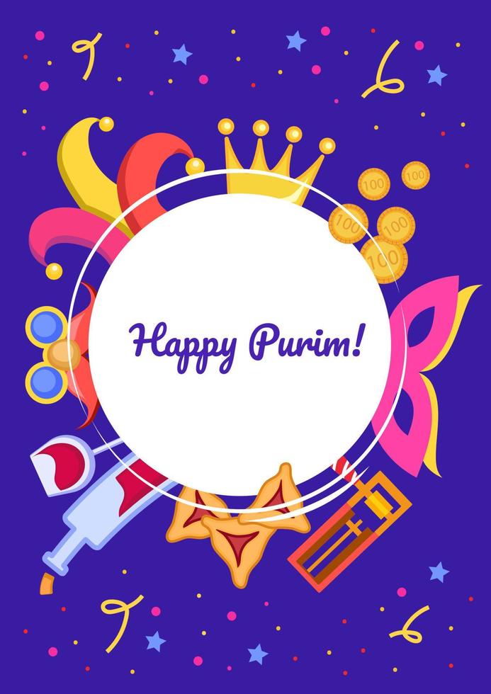 Purim holiday invitation round frame with traditional Purim elements around it, such as crowns, carnival masks, harlequin's hats, wine, party cones and beanbags. Vector poster, greeting, invitation.