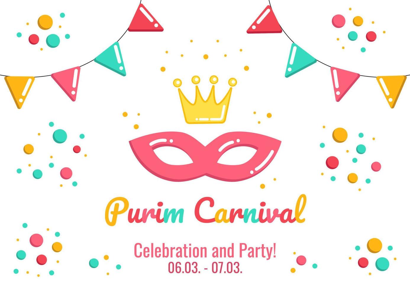 estandarte de vacaciones purim, invitación, tarjeta de saludo con máscara de carnaval, corona, banderas festivas y confeti, anuncio de fiesta con fecha, ilustración vectorial brillante. vector