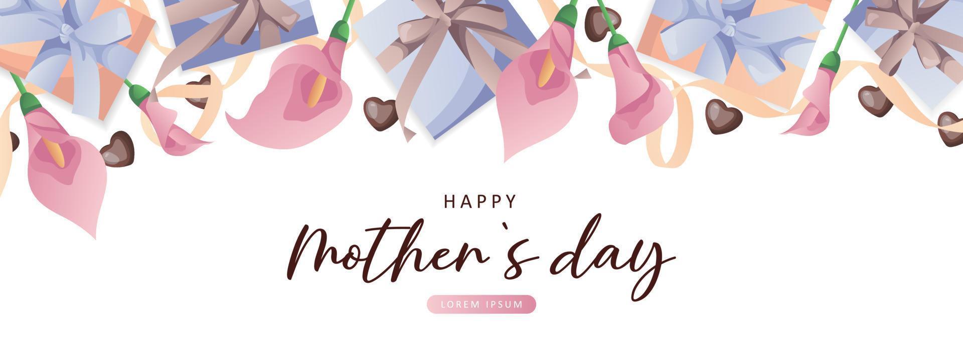 International Women's Day, 8 March banner design with number eight, pink calla lilies, chocolate hearts, gifts, ribbons. Romantic floral Mother's Day design for greeting card, poster, postcard, flyer. vector