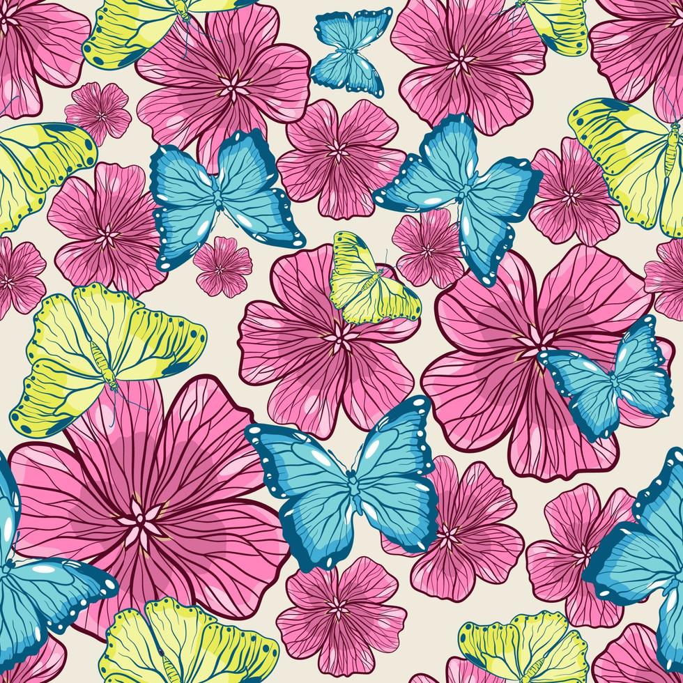 Seamless floral pattern with butterflies on the flower heads vector