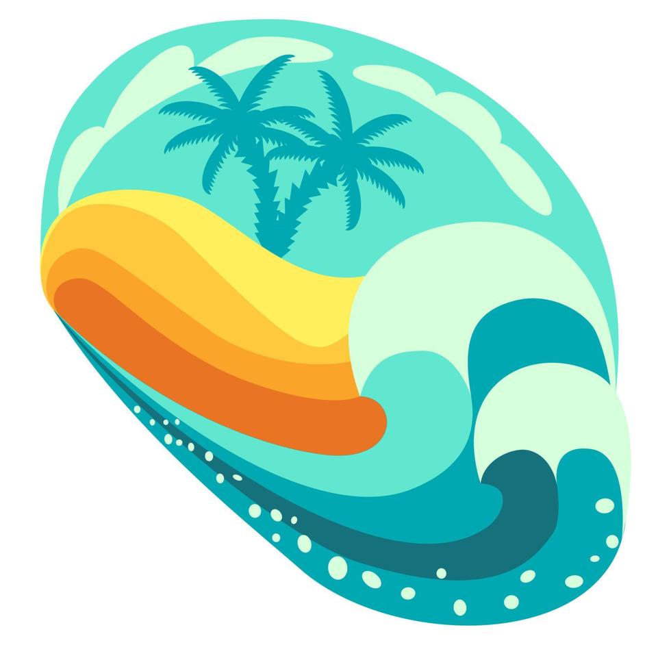 Vector illustration with tropical island, palm trees and turquoise waves in flat technique