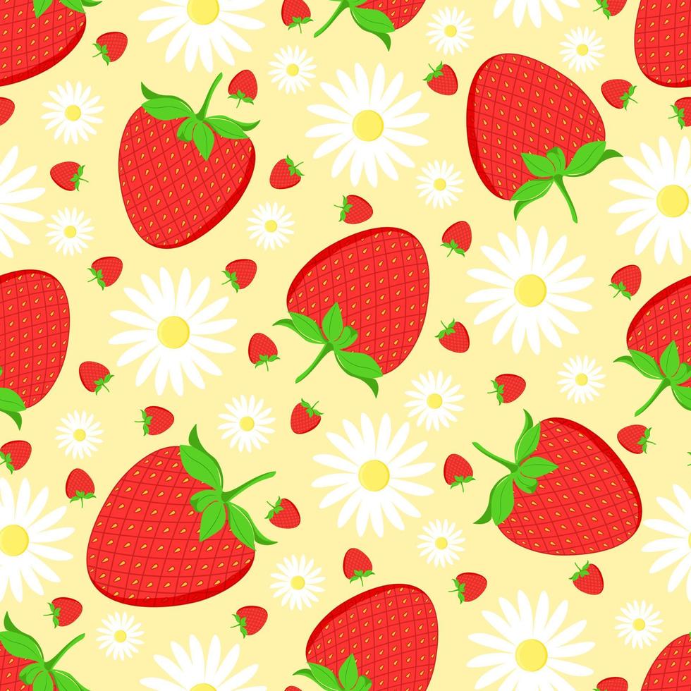 patrón sin costuras de fresas y manzanilla sobre un fondo amarillo pálido, ilustración vectorial vector