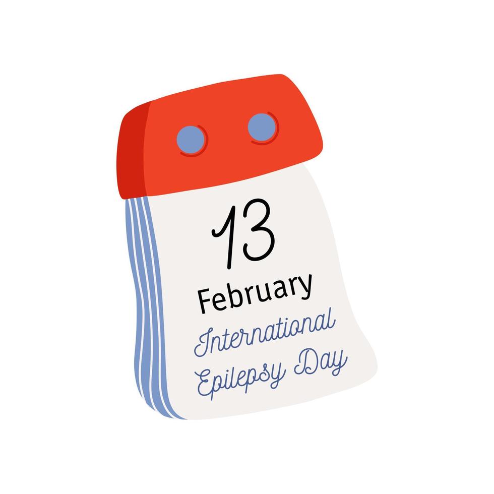 calendario de despedida. página de calendario con fecha del día internacional de la epilepsia. 13 de febrero. icono de vector dibujado a mano de estilo plano.
