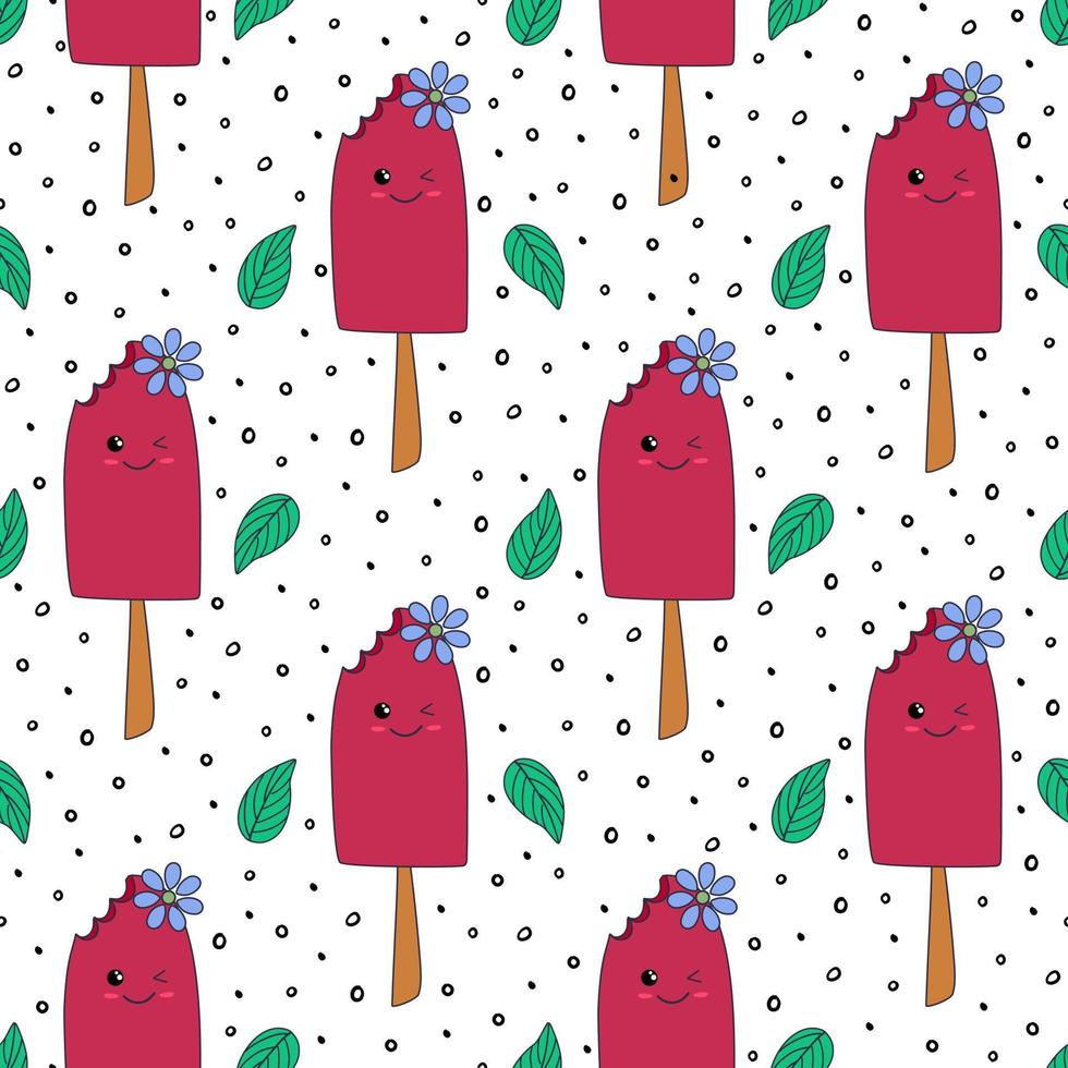 Abstract ice-cream vector seamless  pattern. Sorbet, mint leaves and small random black spots ornament. Irregular chaotic hand drawn elements. Modern decorative print.