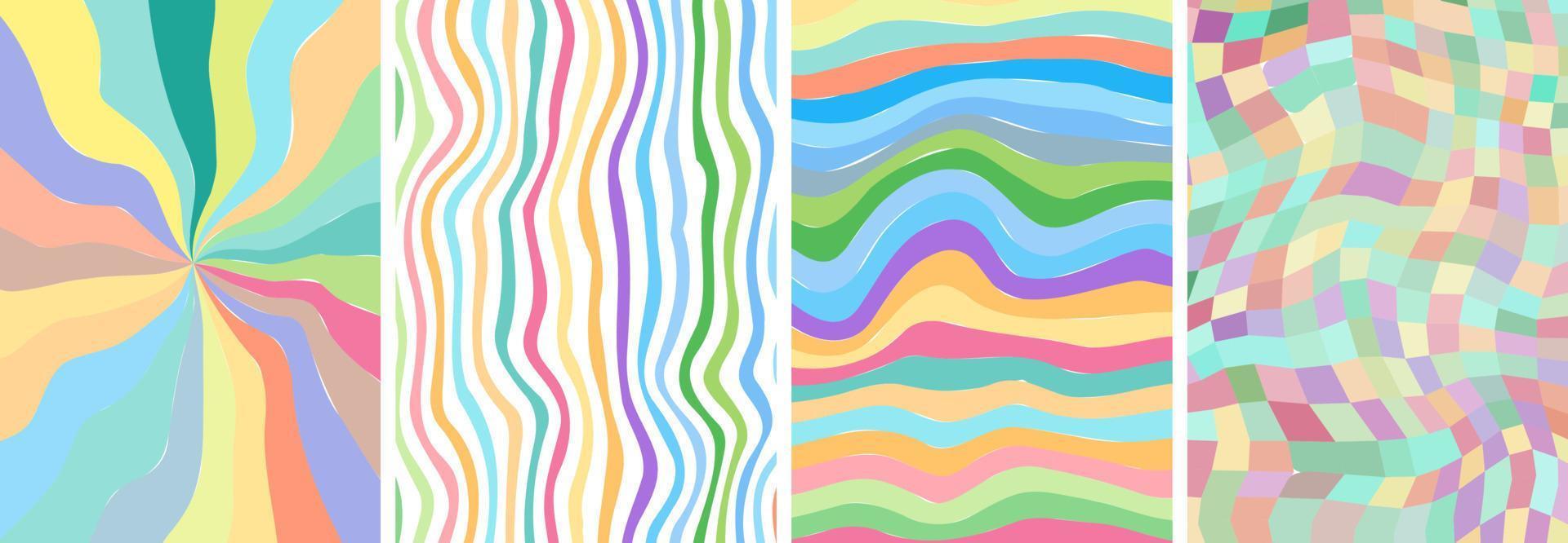 Retro groovy style color poster set. Psychedelic hippie swirl rainbow background collection. Vintage hippy crazy various twist and melt abstract placard. Trendy y2k pop culture bright design art. Eps vector