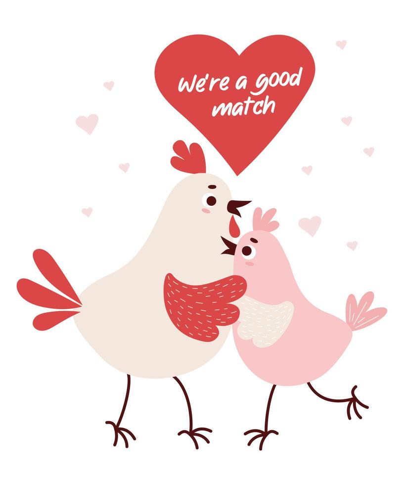 Couple romantic in love birds. Funny chicken and rooster are hugging. Cute  Valentines card. Were a good match. Vector illustration. 17798336 Vector  Art at Vecteezy