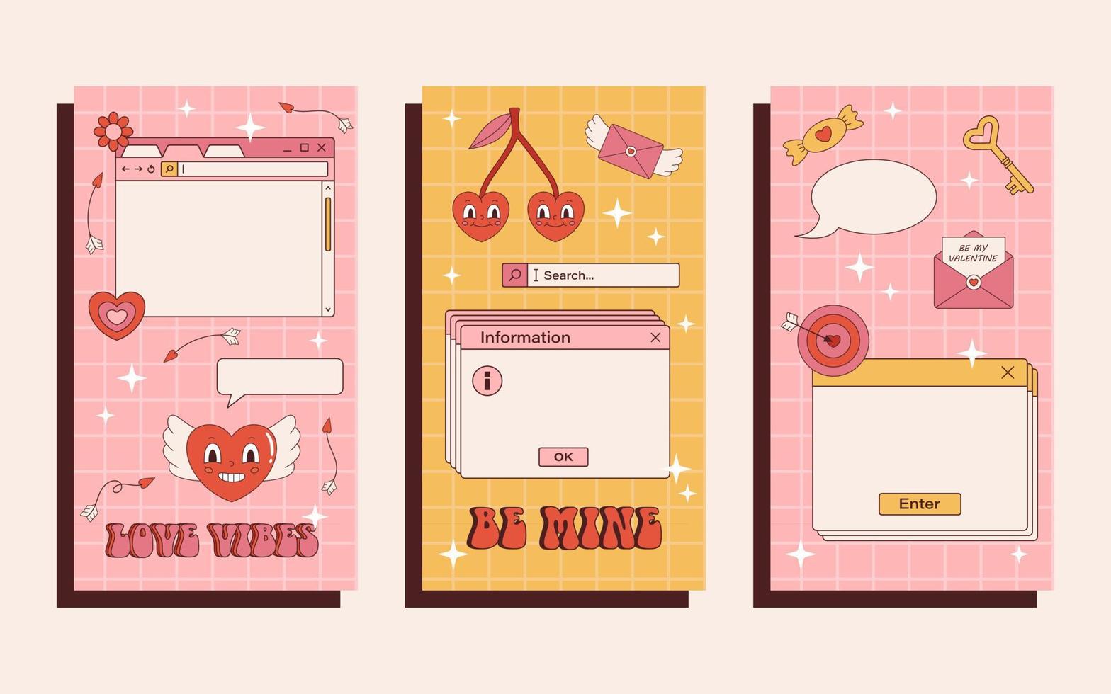 Vector retro set of stories template for Valentines day. Vintage frames for text 90s y2k. Collection of romantic backgrounds with hearts and stars. Love and romance. Social media design.