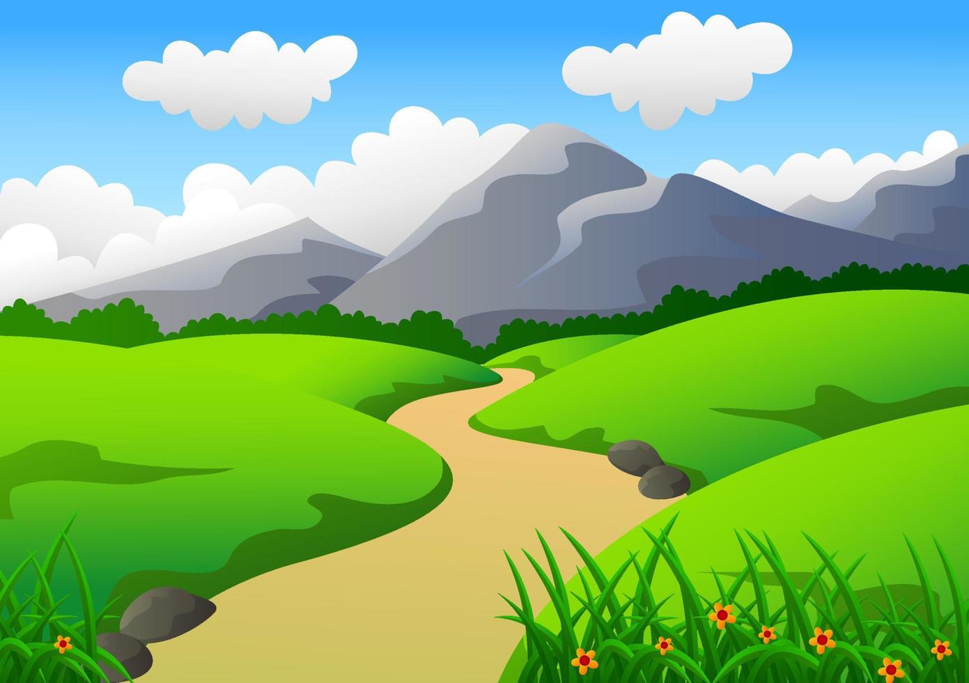 paisaje de verano con montaña, hermosa hierba, bosque y gran cielo, vector