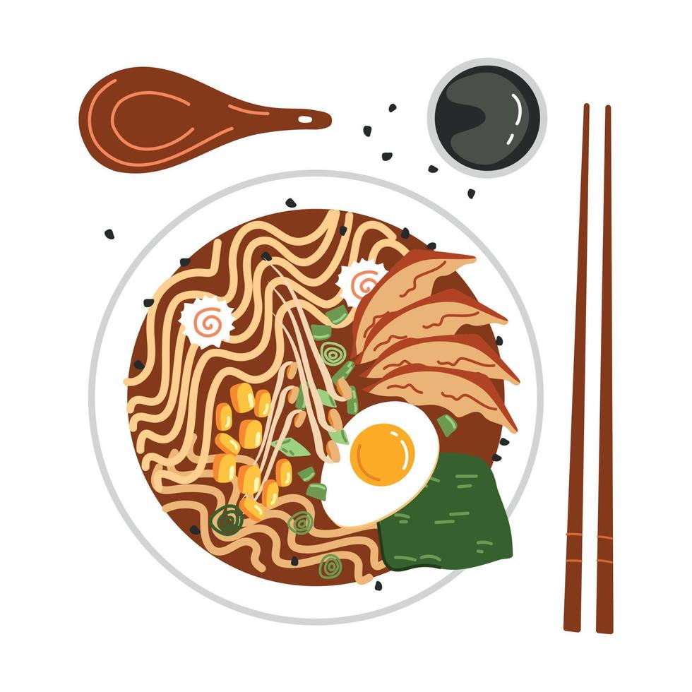 Ramen Noodle soup with pork and corn vector