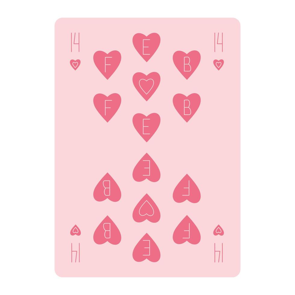 Playing card design for valentines day with number 14, hearts and lettering feb in trendy pink hues vector