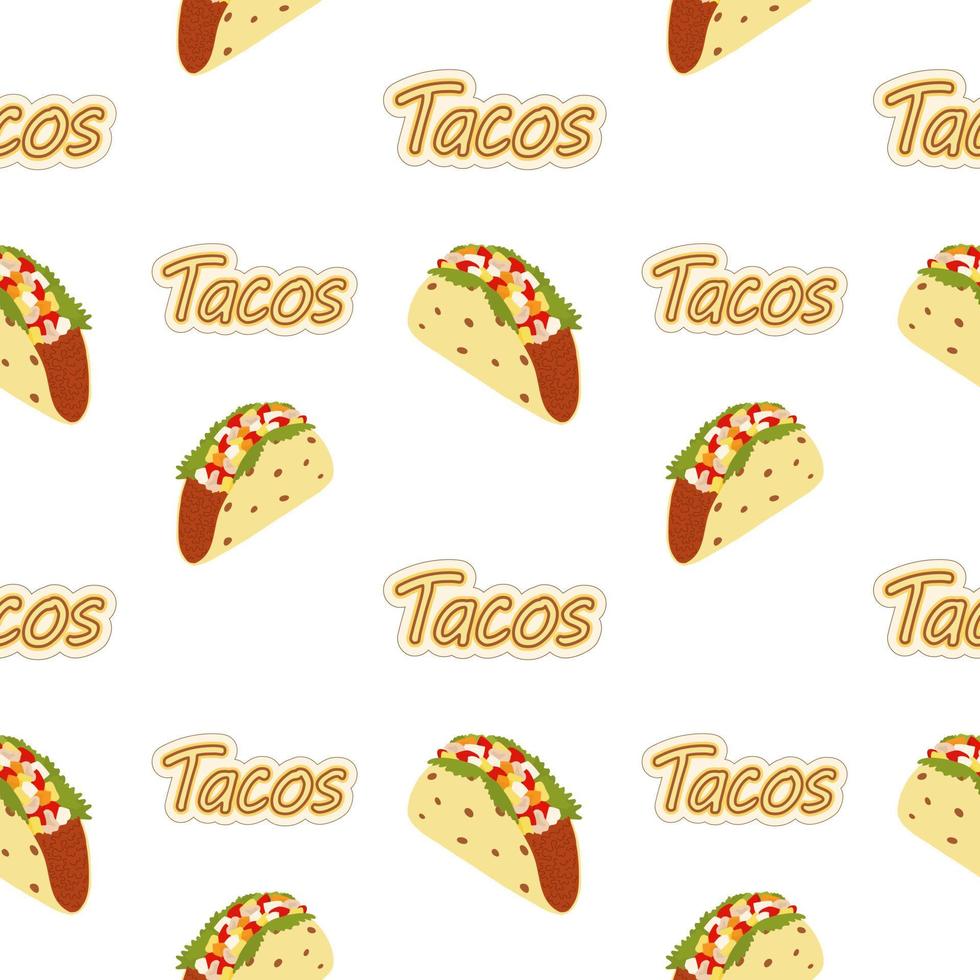 Seamless pattern of Tacos and Handwriting Lettering. Latin American cuisine. Fast food menu. Isolate vector