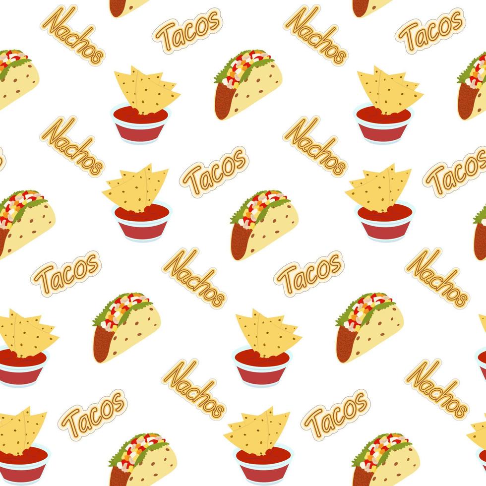 Endless pattern of Nachos and Tacos with Handwriting Lettering. Fast food menu. Latin American food vector