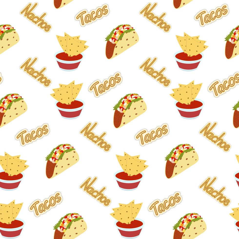 Endless pattern of Nachos and Tacos with Handwriting Lettering. Fast food menu. Latin American food vector